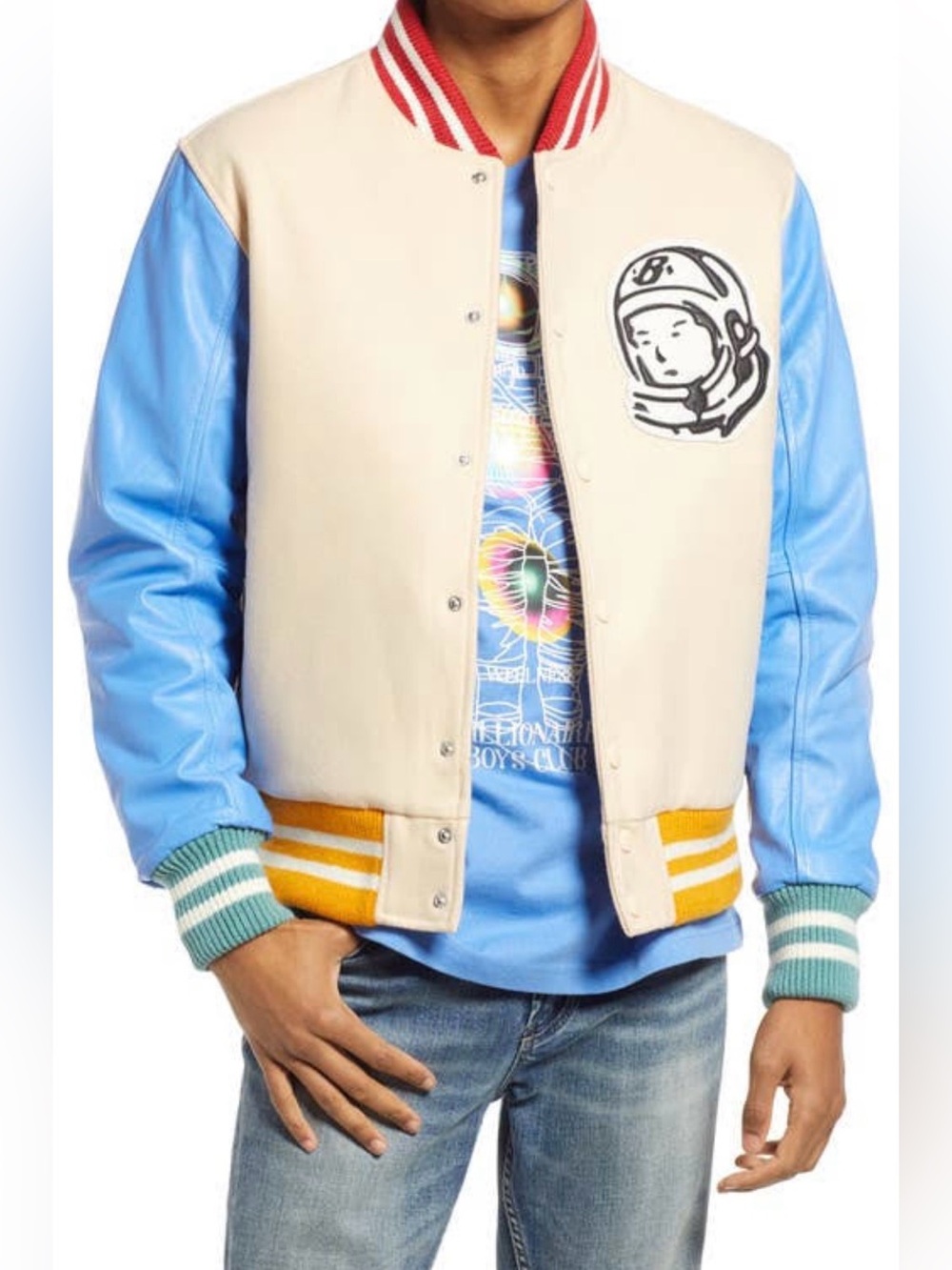 Billionaire Boys Club Cream Wool Varsity Jacket with Blue Leather Sleeves XL